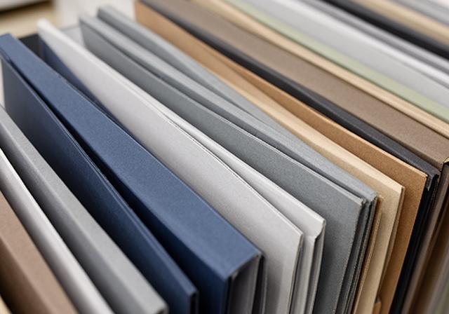 Carpetas de cartón alineadas en un estante con colores sobrios y bordes prolijos