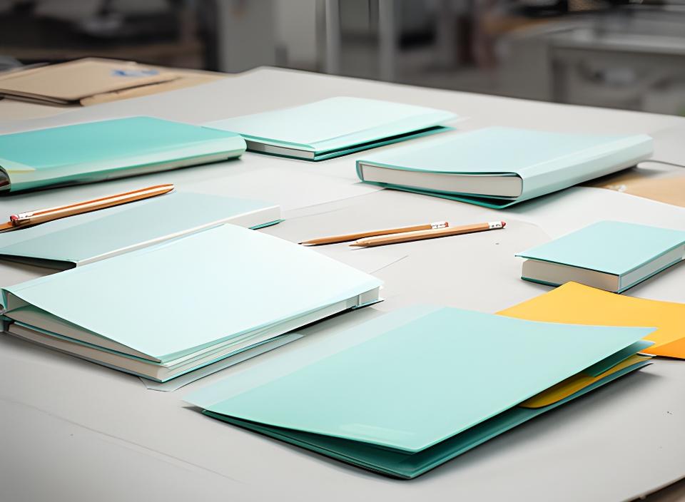 Mesa de trabajo con cuadernos, carpetas y lápices fabricados en una planta prolija de Reconquista