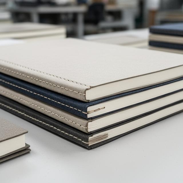 Cuadernos universitarios cosidos apilados sobre una mesa con tapas resistentes y hojas blancas