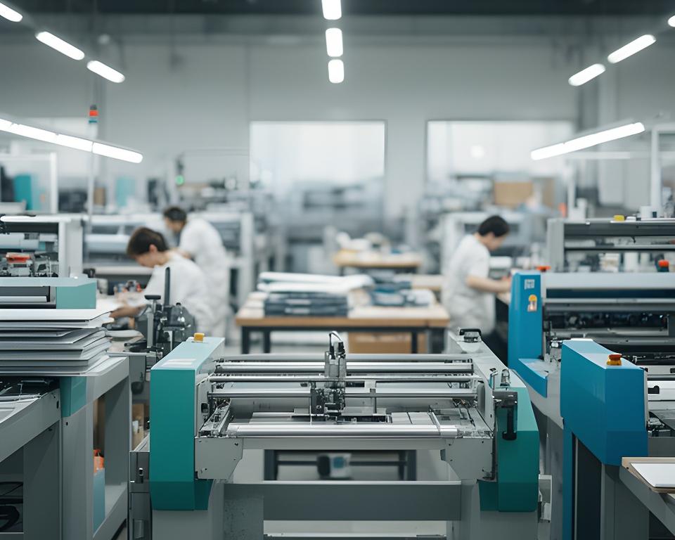 Interior de la fábrica con maquinaria moderna, mesas de encuadernación y personal trabajando con precisión