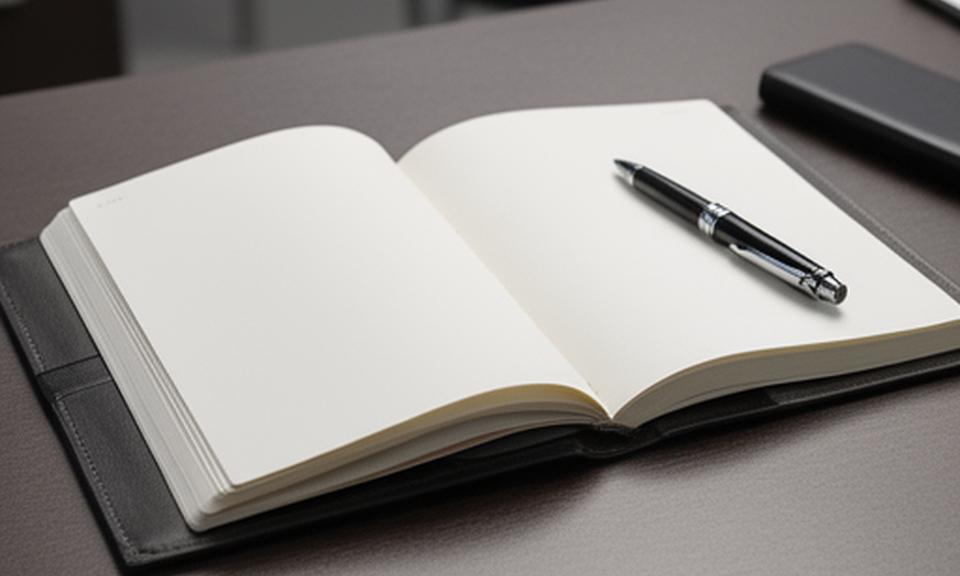 Libretas ejecutivas abiertas sobre un escritorio con lapicera y tonos sobrios corporativos