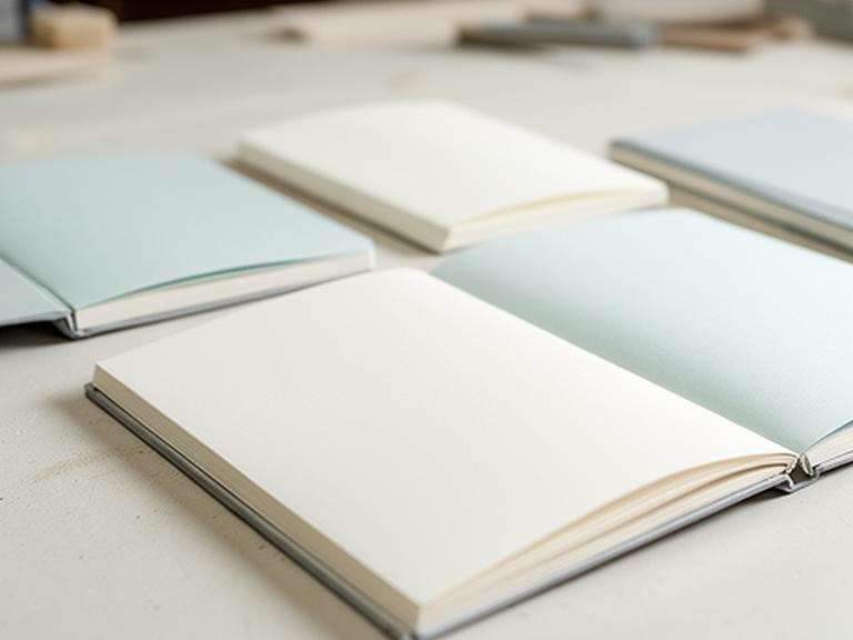 Libretas compactas con hojas limpias y acabado mate, dispuestas sobre una superficie clara de taller