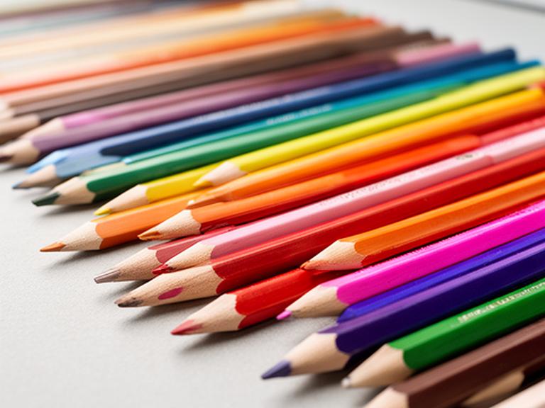 Lápices de colores ordenados por tono sobre una mesa de diseño, con punta afilada y terminación uniforme