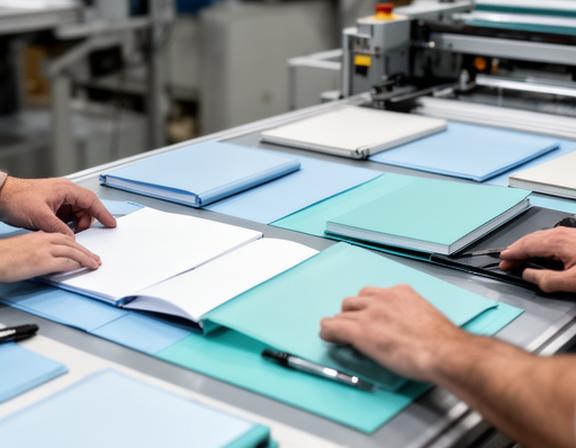 Equipo revisando muestras de libretas y portadas corporativas en una mesa de control de calidad