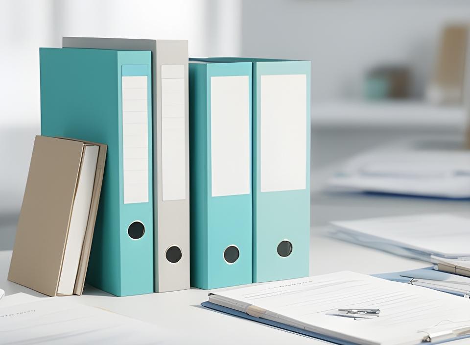 Carpeta de documentos y cuadernos sobre una mesa de trabajo ordenada en una oficina luminosa