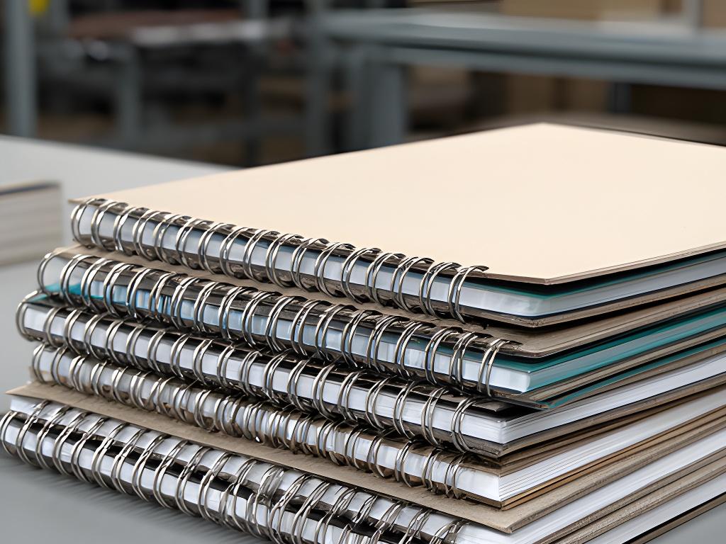 Cuadernos anillados profesionales apilados en una mesa de trabajo, con tapas firmes y detalle de espiral metálica