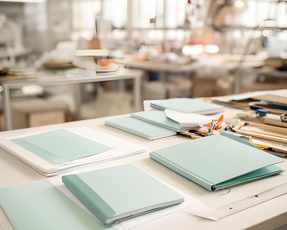 Cuadernos y carpetas personalizadas sobre una mesa de trabajo en una planta luminosa de fabricación