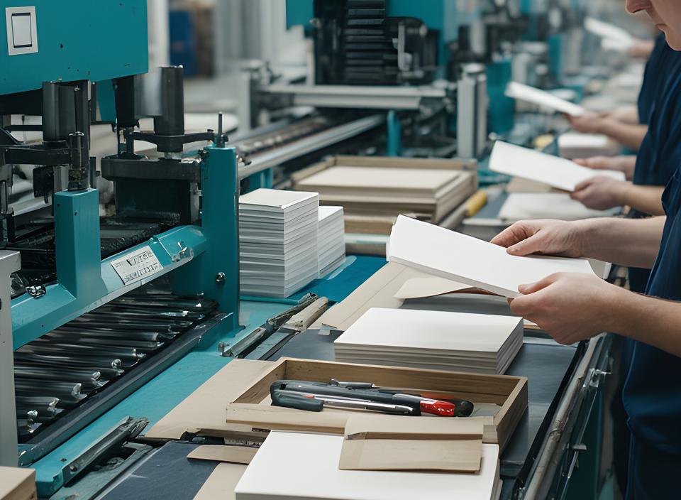 Línea de producción de cuadernos y carpetas con operarios revisando piezas y máquinas en funcionamiento