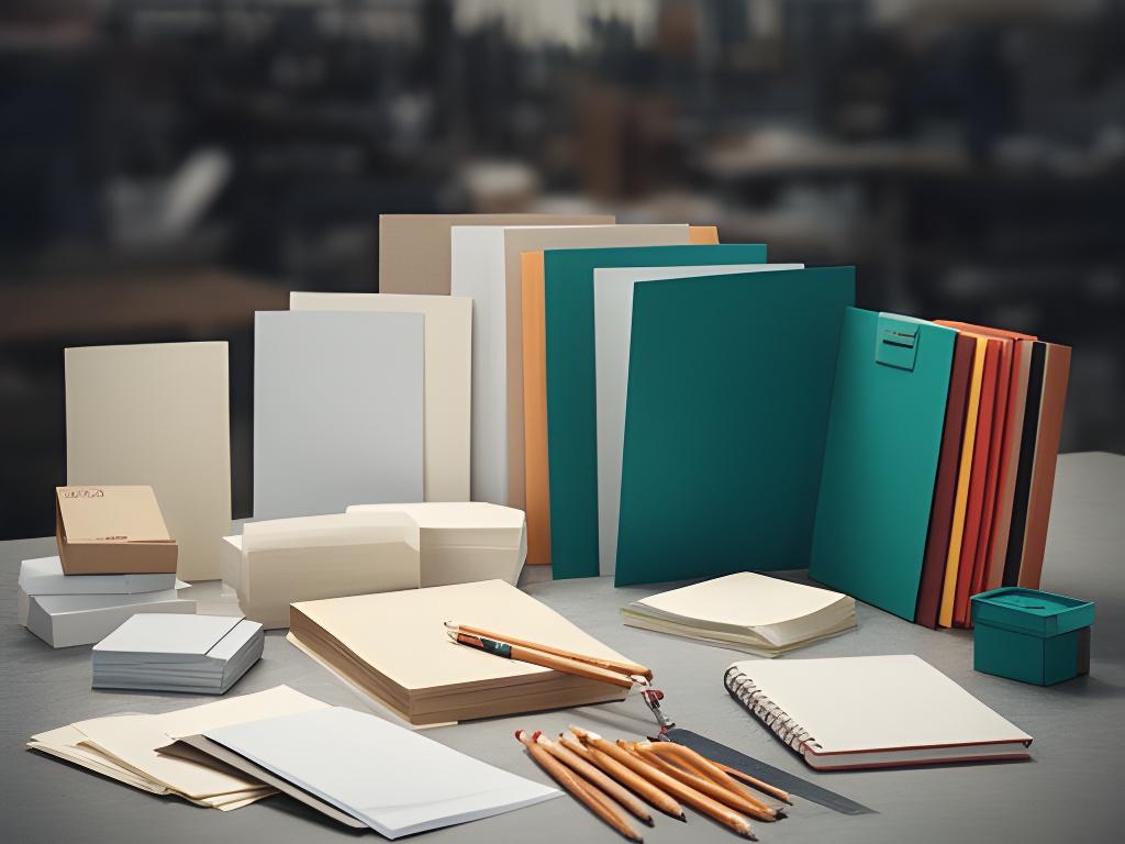 Muestra compuesta de útiles de oficina sobre una mesa de fábrica, con papelería, carpetas y lápices en composición ordenada