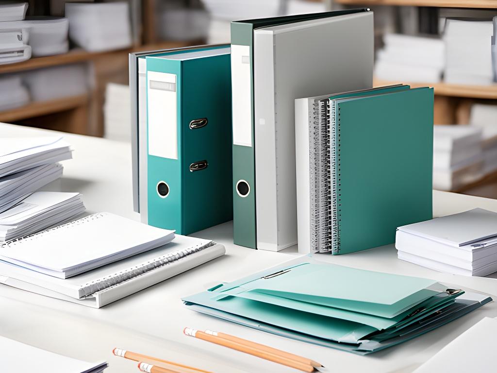 Cuadernos, carpetas y lápices ordenados sobre una mesa de trabajo en un taller de suministros de oficina