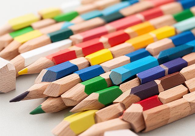 Lápices hexagonales ordenados por color sobre fondo claro en una superficie de producción